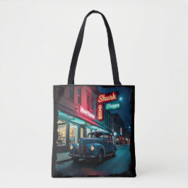 Klassieke auto uit de jaren 40 onder neonlicht tote bag