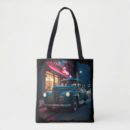 Klassieke auto uit de jaren 40 onder neonlicht tote bag