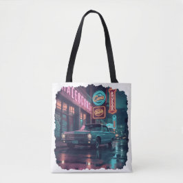 Klassieke auto uit de jaren 40 onder neonlicht tote bag