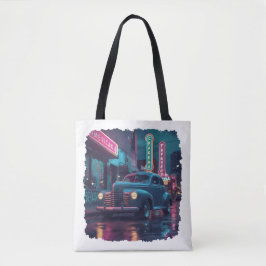 Klassieke auto uit de jaren 40 onder neonlichten tote bag