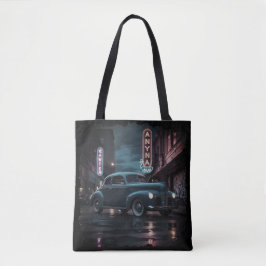 Klassieke auto uit de jaren 40 onder neonlichten tote bag