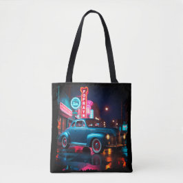 Klassieke auto uit de jaren 40 onder neonlichten tote bag