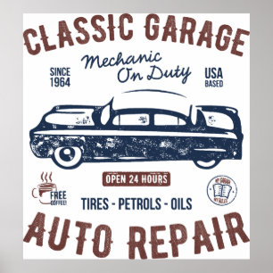 Klassieke Autogarage Monteur Aanwezig Poster