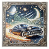 Klassieke autoritten door kosmische nacht tegeltje (Voorkant)