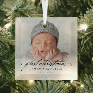 Klassieke Baby eerste kerstfoto van het Manuscrip Glas Ornament
