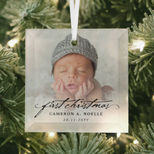 Klassieke  Baby eerste kerstfoto van het Manuscrip Glas Ornament