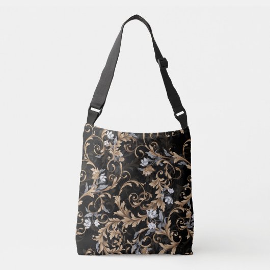 Klassieke barokbloemen: zwarte achtergrond. crossbody tas (Voorkant)