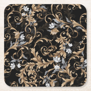 Klassieke barokbloemen: zwarte achtergrond. kartonnen onderzetters