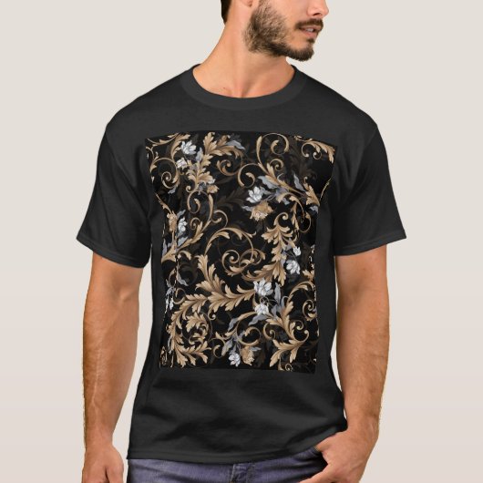 Klassieke barokbloemen: zwarte achtergrond. t-shirt (Voorkant)