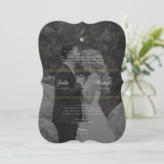 Klassieke bars Dubbel monogram Modern Foto bruilof Kaart (Staand voorkant)