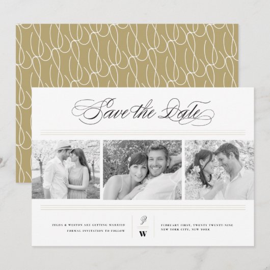 Klassieke Bars Monogram Modern 3 Multi Foto Bruilo Save The Date (Voorkant / Achterkant)