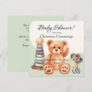 Klassieke beer en speelgoed baby shower kaart