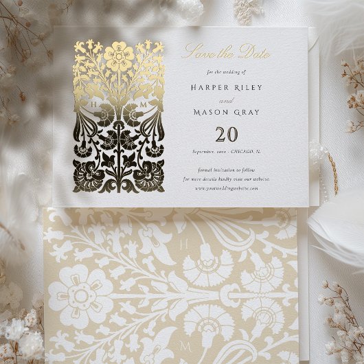 Klassieke Beige en Ivoren Bloemen Bewaar de Datum Folie Uitnodiging