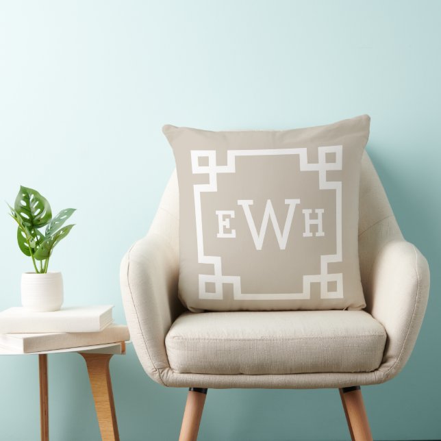 Klassieke Beige Griekse Sleutel Monogram Eerste Le Kussen (Stoel)