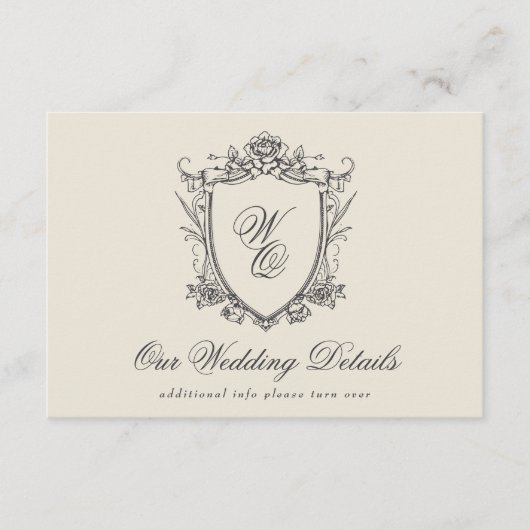 Klassieke Beige Houtskool Bloemkam Trouwdetail Informatiekaartje (Voorkant)