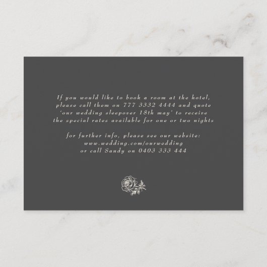 Klassieke Beige Houtskool Bloemkam Trouwdetail Informatiekaartje (Achterkant)