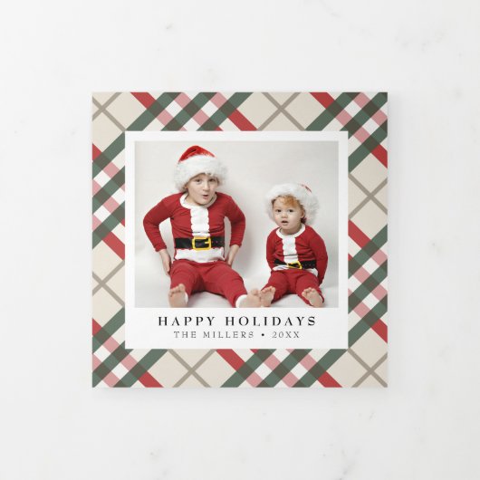 Klassieke beige Tartan met kerstviering Drieluik Wenskaart (Cover)