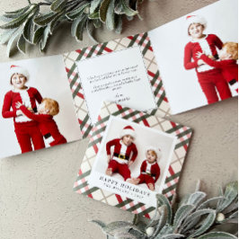 Klassieke beige Tartan met kerstviering Drieluik Wenskaart