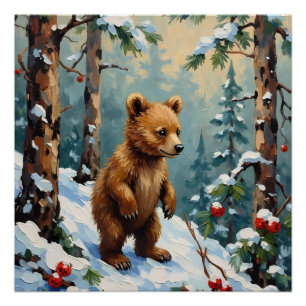 Klassieke berenwelp in besneeuwd dennenbos met Ker Perfect Poster