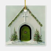Klassieke besneeuwde kerk met Kerst Keramisch Ornament (Achterkant)