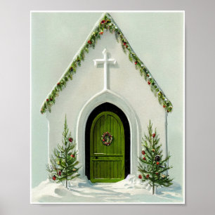 Klassieke besneeuwde kerk met Kerst Poster