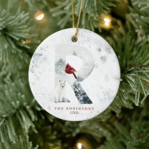 Klassieke Besneeuwde Kerst Winter Scene Monogram R Keramisch Ornament