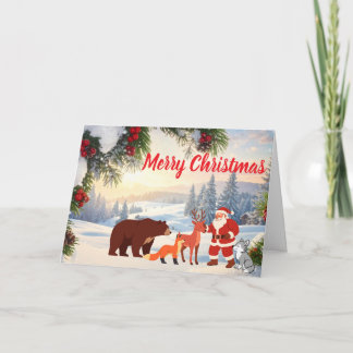 Klassieke besneeuwde Kerstman en bosdieren Feestdagen Kaart