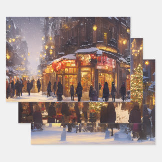 Klassieke Besneeuwde Straat – Festieve Kerstcadeau Inpakpapier Vel