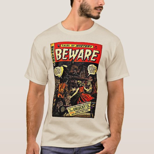 Klassieke "BEWARE" Fantasy Comics T-Shirt (Voorkant)