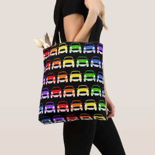 Klassieke bijtende mini cooper regenboog tote bag