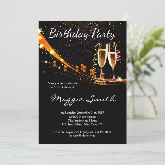 Klassieke Black and Gold verjaardagsfeestje uitnod Kaart (Staand voorkant)