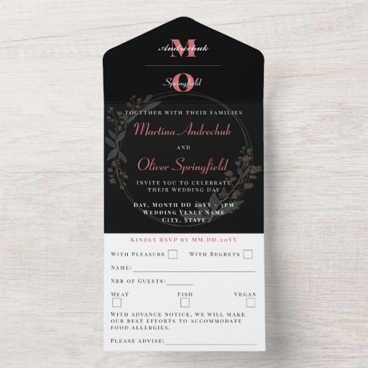 Klassieke Black Blush Bloemen Huwelijk All In One Uitnodiging (Binnen)