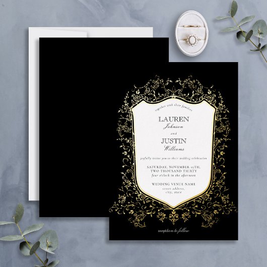 Klassieke Black & Gold Crest Weddenschap Folie Uitnodiging