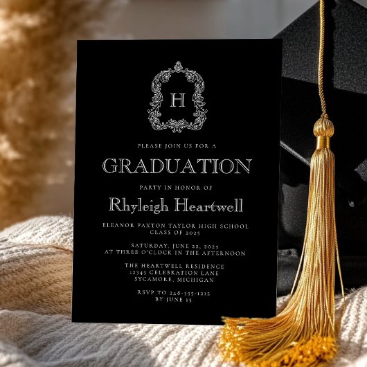 Klassieke Black Monogram Crest Graduation Party Kaart