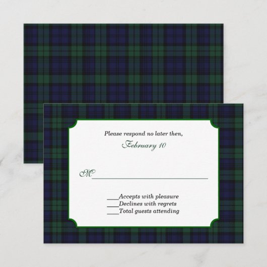 Klassieke Black Watch Tartan Huwelijksreactie RSVP Kaartje (Voorkant / Achterkant)