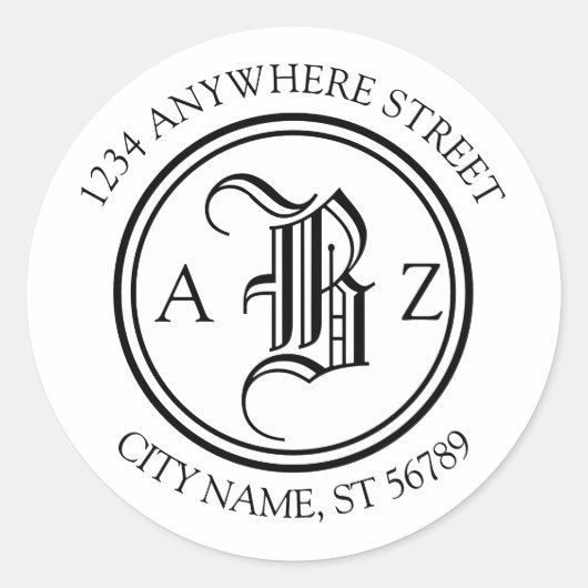 Klassieke blackletter Monogram Ronde Adres Ronde Sticker (Voorkant)
