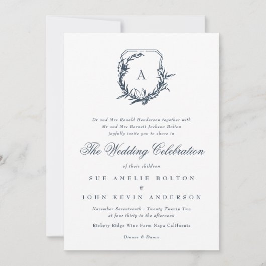 Klassieke Bladkam Bruiloft Marineblauw Monogram Kaart (Voorkant)