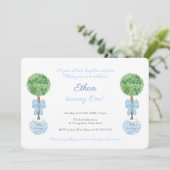 Klassieke Blauw en Witte Kleine Jongen 1e verjaard Kaart (Staand voorkant)