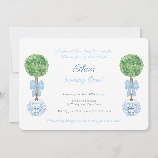 Klassieke Blauw en Witte Kleine Jongen 1e verjaard Kaart (Voorkant)