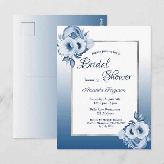 Klassieke blauw floral bridal doucheuitnodiging briefkaart (Voorkant / Achterkant)