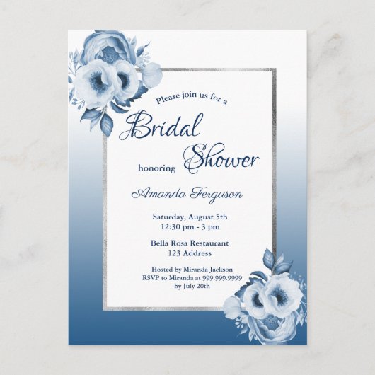 Klassieke blauw floral bridal doucheuitnodiging briefkaart (Voorkant)