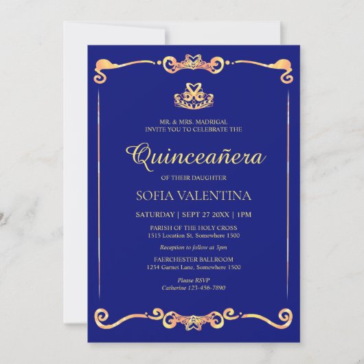 Klassieke Blauw Gouden Quinceanera Kaart (Voorkant)