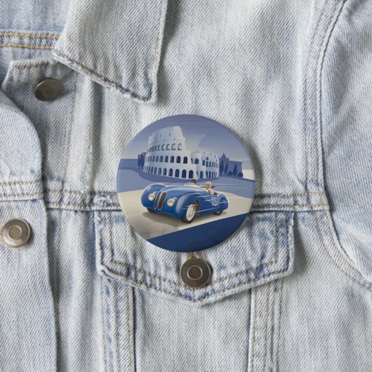 Klassieke  blauw-raderauto ronde button 7,6 cm (In situ)