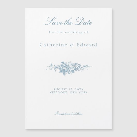 Klassieke Blauw-Wit Bloemen Bewaar de Datum Magnetische Uitnodiging (Voorkant)