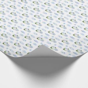 Klassieke blauw-witte flesjes en gemberpottenbakke cadeaupapier