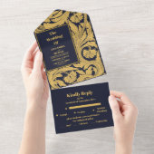 Klassieke blauwe Art Nouveau bruiloft All In One Uitnodiging (Afscheurbaar)