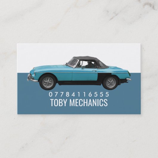 Klassieke blauwe auto, Mechanica Visitekaartje (Voorkant)