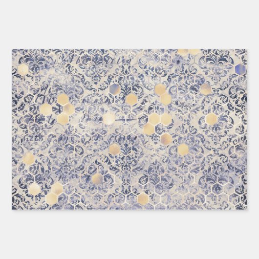  Klassieke blauwe Bee Flowers Mengsel en matchen Inpakpapier Vel (Voorkant)