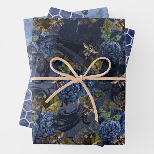 Klassieke blauwe Bee Flowers Mengsel en matchen Inpakpapier Vel (In situ)