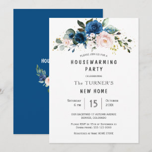 Klassieke Blauwe Blauwe Floral Housewarming Party Kaart